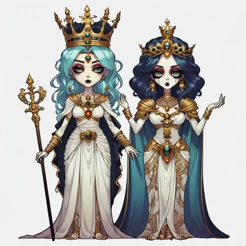 2d front sprite of a gothic colored spooky evil anime mummy goddess king and queen monster, transparent background,two cartoon girls with long hair and different color choices,priestesses,empresses,cr