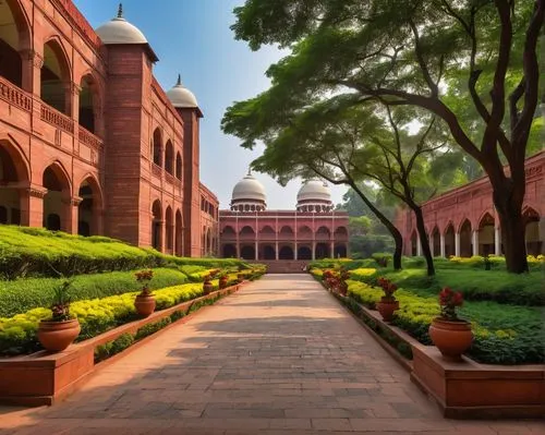 Indian Institute of Technology, modern architecture, grand entrance gate, intricate stone carvings, red brick buildings, white domes, lush greenery, sprawling campus, tall trees, sunny day, warm light