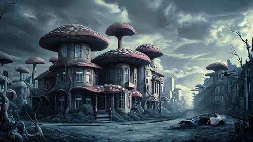 mushroom landscape,fantasy city,undercity,imperialis,scarcities,mushroom island,primordia,fantasy world,ghost castle,collodi,necropolis,prospal,odditorium,ancient city,post-apocalyptic landscape,fantasy picture,destroyed city,fantasy landscape,planescape,tartarus