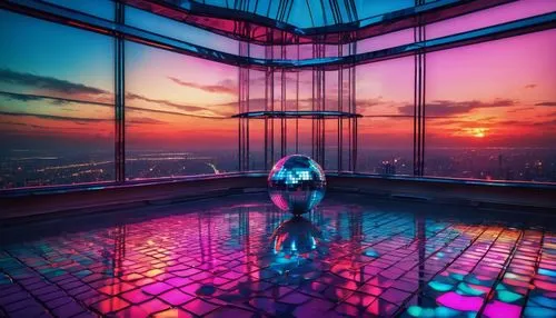 glass wall,colorful glass,infinity swimming pool,sky apartment,futuristic landscape,futuristic art museum,glass sphere,glass ball,glass pyramid,glass window,lava lamp,skyloft,colorful light,top of the rock,sky city tower view,glass roof,revolving,vdara,colored lights,futuristic,Illustration,Realistic Fantasy,Realistic Fantasy 38