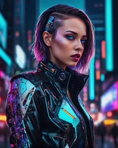 Digital art, AI-generated portrait, futuristic, neon-lit background, cyberpunk theme, glowing circuits, wires, motherboards, robotic elements, metallic skin tone, shimmering eyes, angular facial struc