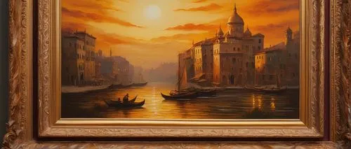 venetian,venezia,italian painter,ponte vecchio,copper frame,hallia venezia,venice,florentine,golden frame,art nouveau frame,oil painting on canvas,vintage art,modena,art deco frame,orange sky,cityscape,louvre,venetia,oil painting,oil on canvas,Illustration,Paper based,Paper Based 08