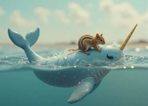 a cute squirrel sitting on the back of an unicorn whale,a cute squirrel sitting on the back of an unicorn whale,skaarup,narwhal,sea animal,dolphin rider,aereon,hoenn,Photography,Documentary Photograph