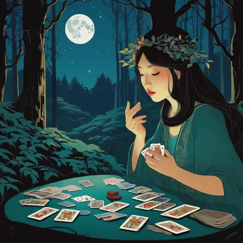 tarot cards,poker primrose,fortune telling,fortune teller,tarot,game illustration,playing cards,card game,playing card,card deck,divination,card games,woman playing,ball fortune tellers,deck of cards,card lovers,play cards,the night of kupala,cards,tea card,Illustration,Japanese style,Japanese Style 21