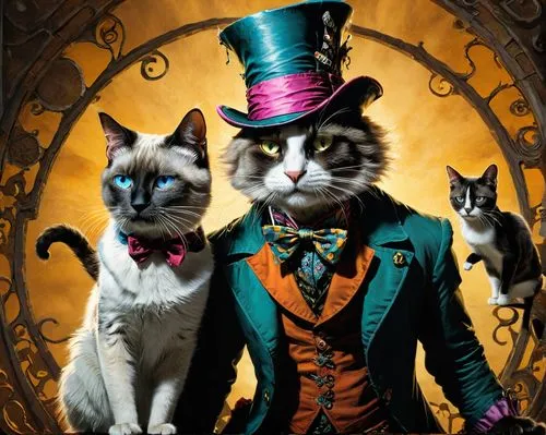 The Mad Hatter and Alice (in Wonderland) portrayed by Siamese cats,ringmaster,aristocrats,two cats,magicians,hatter,vintage cats,tuxedoes,aristocrat,gatos,magician,ringmasters,bulgakov,maometto,cats,c