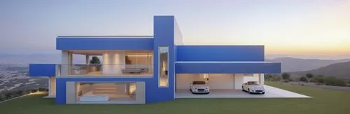 two parked cars outside a large modern house,cube stilt houses,cubic house,cube house,sky apartment,modern house,modern architecture,Photography,General,Realistic