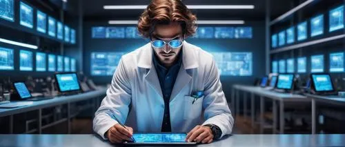 Realistic image generation, futuristic laboratory interior, sleek metal tables, rows of humming servers, neon blue lights, holographic displays, scientist in a white lab coat, goggles on forehead, mes