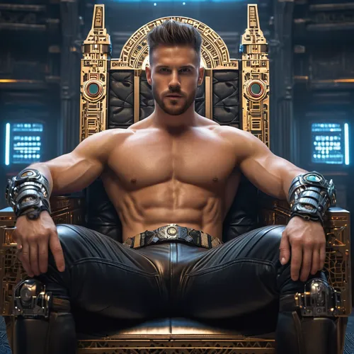 a handsome 30 year old shirtless king wearing leather pants and metal bracers sitting on his throne in his palace,throne,the throne,god of thunder,queen cage,king arthur,greek god,thrones,pharaoh,king