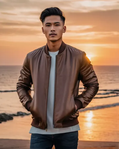 beach background,filipino,portrait background,leather jacket,bolero jacket,saf francisco,yun niang fresh in mind,jacket,social,putra,brown sailor,male model,brown fabric,wooden background,landscape background,peach tan,men's wear,dusk background,pradal serey,seafarer,Photography,General,Natural