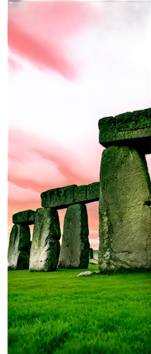 Ancient Stonehenge, mysterious monument, sunset background, dramatic clouds, intricate rock structures, towering stones, lush green grass, misty atmosphere, low-angle shot, warm golden light, cinemati