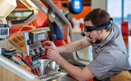 A McDonald fast food restaurant worker working in the kitchen, he is wearing the Realwear assisted reality device.,a man is operating an automated machine that can feed bread,hamburglar,carbossiterapi