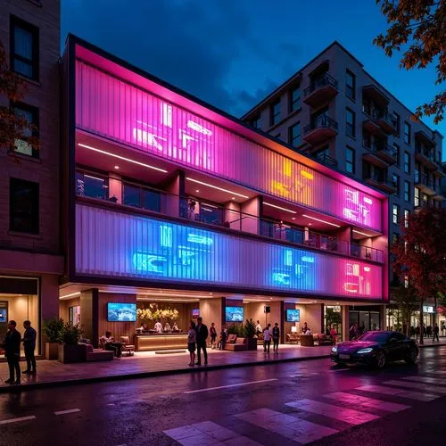 Vibrant nightclub exterior, neon lights, metallic fa\u00e7ade, glossy finish, urban cityscape, bustling streets, nightlife atmosphere, social housing complex, modern architecture, bold colors, sleek l