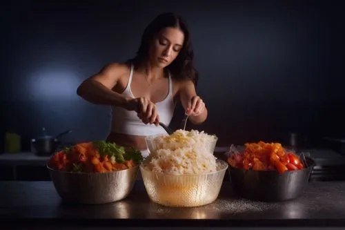 dark haired woman preparing food, white tank top, dark backdrop,,a woman in a tank top  rice on a table,food styling,himalayan salt,mandarin sundae,shaved ice,citrus juicer,ceviche ecuatoriano,Photogr