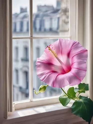 Describe the delicate pink morning glory flower resting on a windowsill.,pink morning glory flower,pink lisianthus,purple morning glory flower,calystegia sepium,morning glories,pink tulip,lisianthus,r