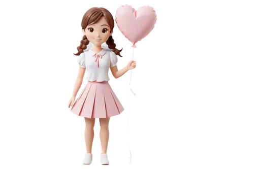 Girl, cute face, smiling eyes, blushing cheeks, brown hair, ponytail, white shirt, pink skirt, holding heart-shaped balloon, standing, romantic, soft lighting, pastel color tone, gentle composition, s