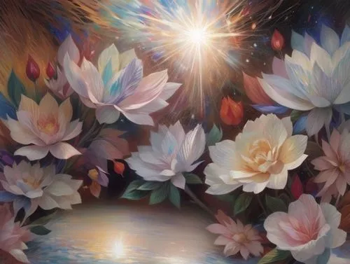 flower painting,flowers celestial,inner light,oil painting on canvas,sacred lotus,magic star flower,splendor of flowers,carol colman,water lilies,passion bloom,everlasting flowers,starflower,star flower,lotus blossom,carol m highsmith,cosmic flower,lotus hearts,spring equinox,white water lilies,lotus flowers