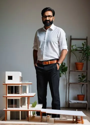 Middle-aged man, architectural designer, Chandigarh, India, glasses, short hair, trimmed beard, white shirt, black trousers, leather belt, holding blueprints, standing in front of a building model, mo