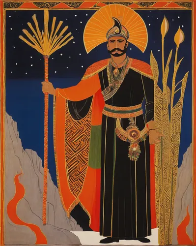 zoroastrian novruz,archimandrite,genghis khan,khokhloma painting,yi sun sin,persian poet,kirghystan,pall-bearer,emperor,novruz,the emperor's mustache,bayan ovoo,iran,high priest,hieromonk,from persian shah,magus,the abbot of olib,thracian,shuanghuan noble,Illustration,Retro,Retro 26