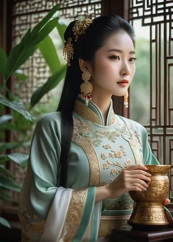 Ancient Chinese lady, traditional dress, intricate embroidery, long sleeves, high neckline, golden accessories, elegant hairstyle, subtle makeup, serene facial expression, gentle hands, holding a deli