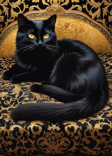 Gustav Klimt-inspired, black cat, shiny fur, golden eyes, slender body, curled up, sleeping, velvet cushion, intricate patterns, ornate frame, luxurious interior, dim soft lighting, warm atmosphere, R