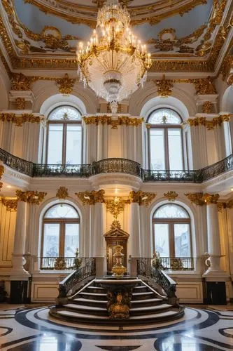 Grand, historic Prussian palace, Baroque style, ornate façade, golden domes, intricate stonework, majestic entrance, grand staircase, marble floors, crystal chandeliers, luxurious furnishings, opulent