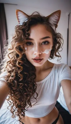 white yogurt from the tongue, white slime on cheek, brown lipstick, wet model, long to the waist strong wavy curly flared hair, brown hair  detailed facial features, bedroom in fog, shadows, morning l