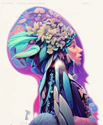 psychedelic art,flora,dryad,japanese floral background,fairy peacock,flower animal,flower nectar,headdress,girl in flowers,boho art,floral composition,faerie,flower and bird illustration,flower illustrative,peacock,flowers celestial,bloom,fauna,unicorn art,kahila garland-lily,Calligraphy,Illustration,Scene Illustration