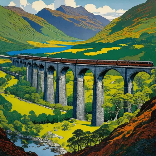 sweeping viaduct,viaduct,chmarossky viaduct,ribblehead viaduct,scotland,scottish highlands,scotsman,wicklow,railway bridge,wales,cantilever bridge,exmoor,aqueduct,bernina railway,travel poster,lake district,highland main line,devil's bridge,scottish,scottish folly,Illustration,Retro,Retro 11