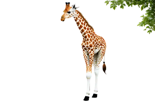 Giraffe, solo, adult, tall, long neck, brown spots, green leaves eating, gentle eyes, white socks, hooves, standing, relaxed, savannah background removed, warm sunlight, soft focus, shallow depth of f