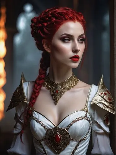 Blood Elf, female, slender build, pointed ears, elegant posture, crimson hair, intricate braids, pale skin, bold red lips, exotic makeup, ornate chest armor, flowing white dress, high heels, mysteriou