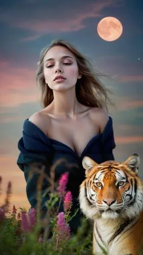 As the last rays of sunlight peek over the horizon, a lone figure with glowing red and purple glow radiates in the sky, her every move beckoning her enigmatic smile. In the distance, a fierce tiger wi