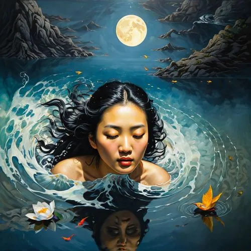 water nymph,water lotus,siren,diwata,jianfeng,naiad,dubbeldam,sirena,kupala,viveros,jianying,vietnamese woman,han thom,submerged,world digital painting,oshun,naiads,huong,huynh,ophelia,Conceptual Art,Oil color,Oil Color 05