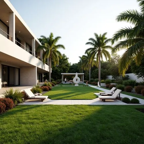 Lush green lawn, minimalist planting, modern sculptures, sleek stone pathways, abstract water features, tropical palm trees, vibrant flower beds, geometric shaped hedges, elegant benches, subtle outdo