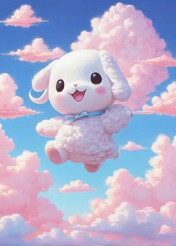 Create a dreamy picture of Cinnamoroll flying in a pink sky surrounded by fluffy clouds.,cumulus,cumulus nimbus,cumulus cloud,cloud mushroom,bichon frisé,cumulonimbus,white cloud,cloud mood,single clo