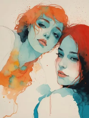 Two women who are fond of each other.,two female friends painted in watercolor with one woman leaning on her shoulder,cocorosie,figgis,two girls,sirens,companias,reinas,Illustration,Paper based,Paper 