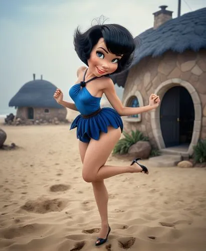 premiada foto realista de Betty Rubble, da era dos homens das cavernas, Os Flintstone, idade da pedra, de corpo Pernas grossas, Lindas e torneadas, cabelo curto, laço de cabelo, na praia, vestindo um 