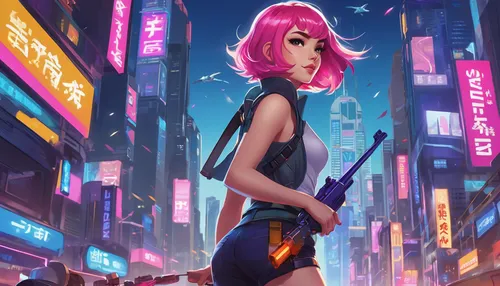 cyberpunk,shinjuku,girl with a gun,colorful city,girl with gun,tokyo city,cityscape,hk,shibuya,nora,fantasy city,city trans,tokyo,taipei,anime 3d,harajuku,shanghai,neon candies,vector girl,neon arrows,Illustration,Japanese style,Japanese Style 06