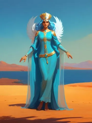 2D concept art, character design, ancient persian goddess, Achaemenid era, light blue hair, silver crown, see-through long sleeve Achaemenid dress, guardian of water, heroic,  charismatic, persian,an 