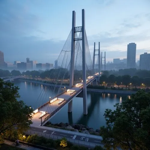 Futuristic suspension bridge, sleek metal arches, LED light installations, misty morning fog, lush green forests, serene river waters, rocky cliffside foundations, modern urban skyline, vibrant city l