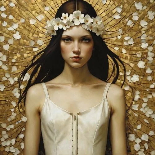 jingna,girl in a wreath,viveros,diwata,golden wreath,demarchelier,flower girl,rodarte,flower fairy,persephone,cherokee rose,adornment,golden flowers,behenna,girl in flowers,heatherley,mystical portrait of a girl,jasmine blossom,white blossom,headdress,Illustration,Realistic Fantasy,Realistic Fantasy 09