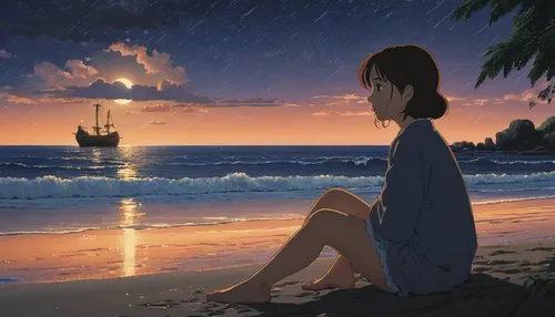 studio ghibli,sea night,evening atmosphere,longing,summer evening,romantic scene,by the sea,romantic night,loneliness,in the evening,the endless sea,sea breeze,sea-shore,beach moonflower,mari makinami,sea beach-marigold,blue sea,melancholy,dream world,dream beach