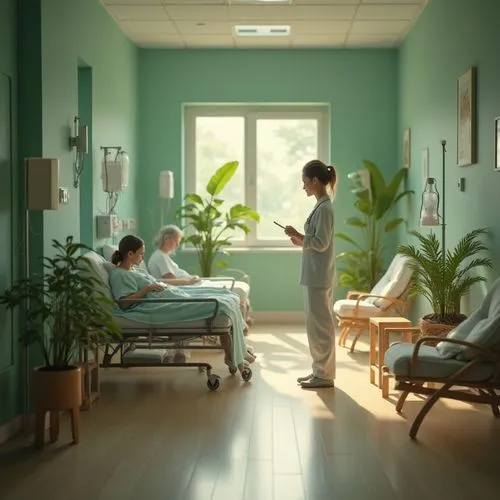 calm hospital interior, green walls, natural plants, wooden furniture, soft cushions, gentle nurse, stethoscope around neck, warm lighting, relaxed atmosphere, patients recovering, medical equipment, 