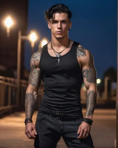 Handsome young man with grey eyes, 24 years old, athletic body, wavy slicked back black hair, black outfit, neck tattoo, piercings, bad boy, confident mood, western look, night,wightman,caliandro,coly