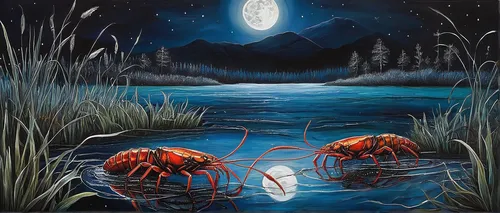 Create a poetic description of a moonlit night where freshwater crayfish dance in the water.,river crayfish,the crayfish 2,crayfish party,crayfish 1,red bugs,freshwater crayfish,fireflies,crustaceans,