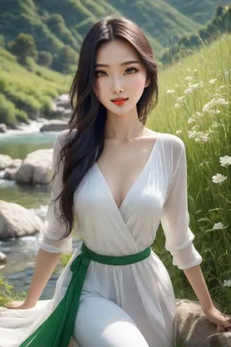 realistic rich colors, green mountains, very beautiful charming Chinese woman in white, in a blue river, beautiful expressive eyes, beautiful thin lips, beautiful long hair, happy, blue and white flow