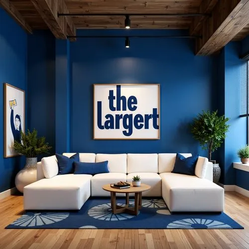 Indigo accent walls, crisp white furniture, warm wood flooring, minimalist decor, geometric patterns, bold typography, functional simplicity, modernist aesthetics, rectangular shapes, primary color ac