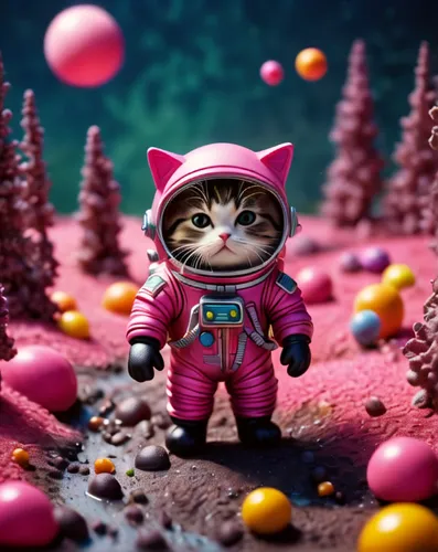 pink cat,the pink panter,spacesuit,alien planet,doll cat,lost in space,mission to mars,space suit,cinema 4d,bonbon,space-suit,spaceman,3d background,cat warrior,cartoon cat,planet mars,toy photos,aqua