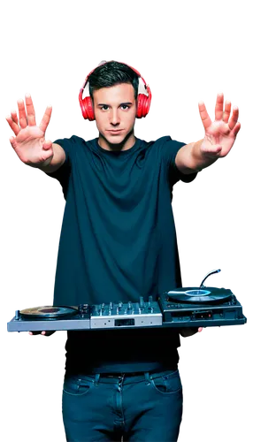 Dj, music, young adult, male, headphones, DJ controller, laptop, vinyl records, CDs, microphone, club lights, stage, night scene, energetic pose, hands up, spotlight, neon colors, futuristic atmospher