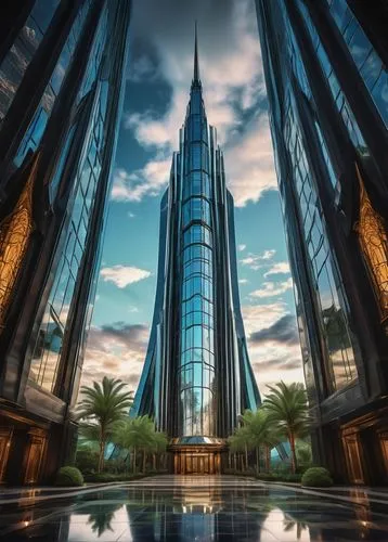 Utah-inspired futuristic architecture, majestic skyscraper, sleek metallic exterior, intricate geometric patterns, gleaming glass windows, towering spires, grand entrance with revolving doors, marble 