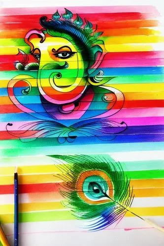 A bright day with rainbow, add attractive color in the ganesha sketch according to outline , add different color to baskar ,remove the lines from the page and add the proper color to peacock feather,c